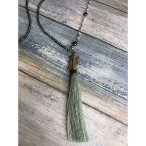Sage Green Tassel Seed Pearls Hand Created Necklace 32" Long NWOT